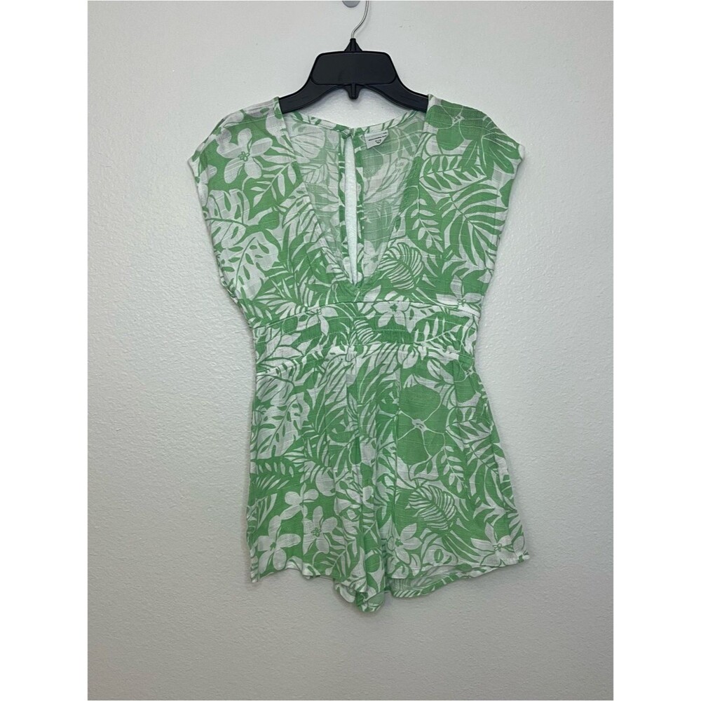 Abercrombie Kids swimsuit coverup green and white tropical floral romper 11/12